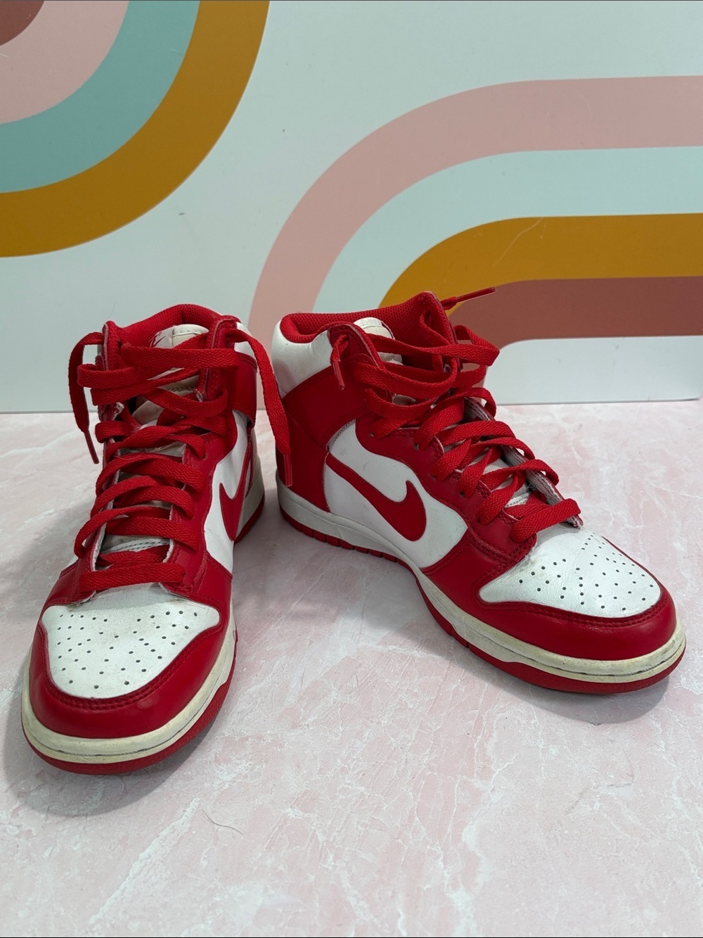 Nike Red and White Mid-Top Sneakers with Swoosh Unisex 5Y